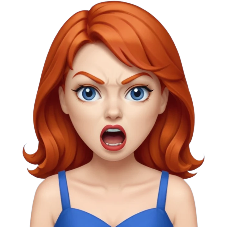 mujer pelirroja con los ojos y los labios maquillados enojada gritando con vestido azul emoji