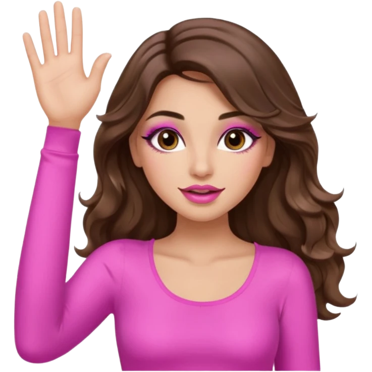 girl with long wavy brown hair, brown eyes, long lashes makeup, sexy pink lips, light to medium complexion, wearing a pink sexy top, one hand in the air high emoji