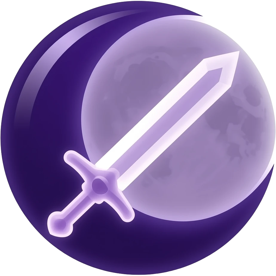 Glowing dark purple detailed crescent moon with an elegant detailed glowing transparent sword, emoji style. Soft violet and pink glow, minimal clean design, smooth edges, subtle lighting, centered, high contrast, transparent background. emoji