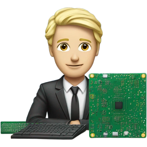 male ,Desk with pcb, european blond with classs emoji