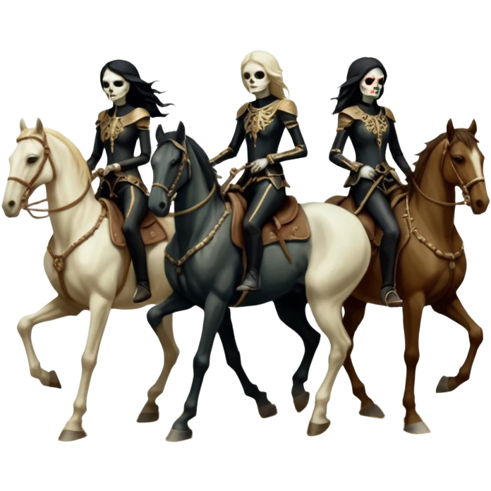 cinematic - aesthetic brilliant divine lighting, oil paint - ivory Four thin women as riders of the Apocalypse, after a graphic by Albrecht Dürer in a desolate landscape on horse skeletons emoji