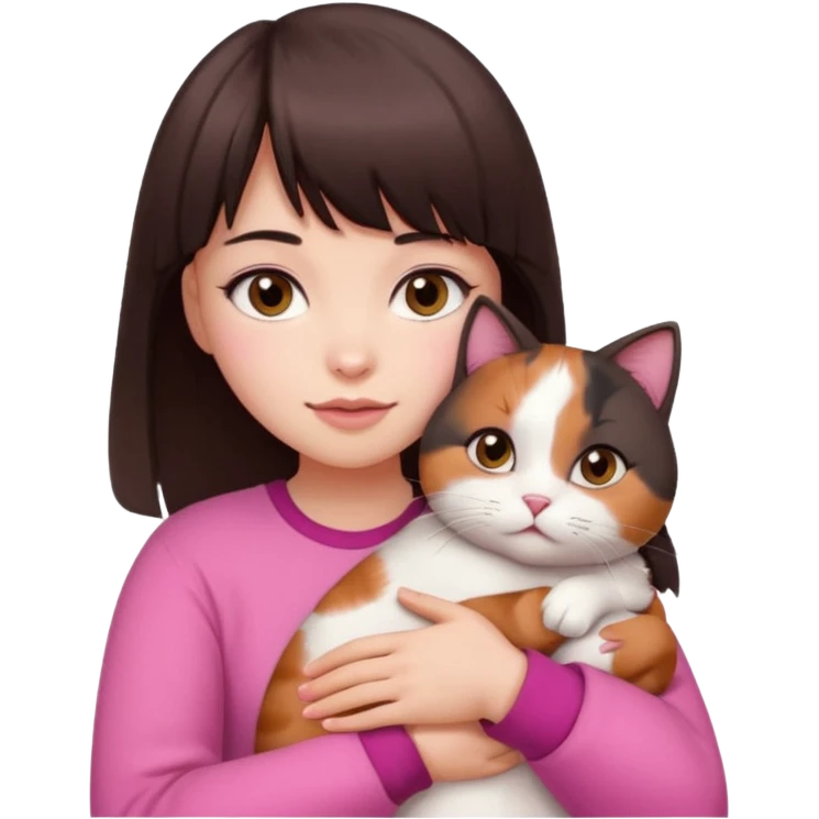 beautiful woman with dark brown straight hair and bangs, brown eyes wear a pink clothes, and white skin hugs a cute chubby cat emoji