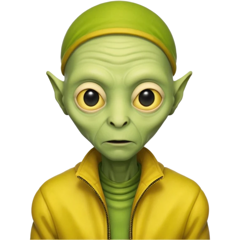 Old Alien with yellow jacket, Half body, no hair. emoji