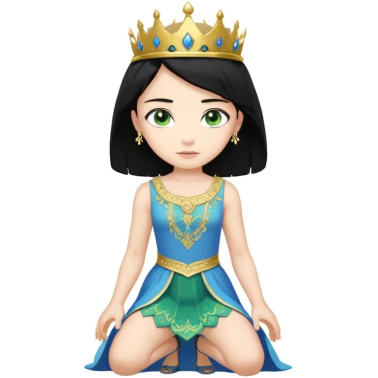 King, standing, black Hair, blue eyes, female Servoamt, blonde, green eyes, shott white sleveless Dress, kneeling, background palace emoji