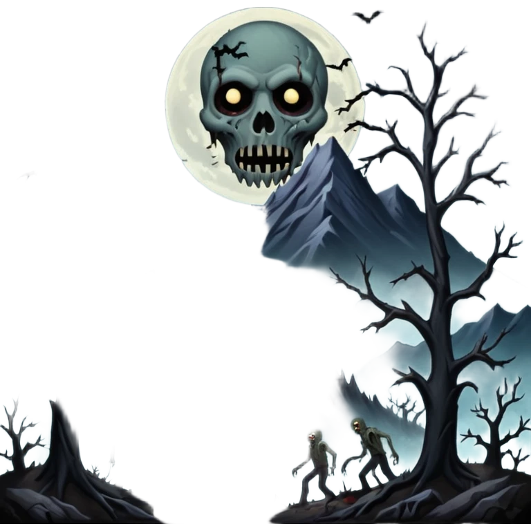 A dark creep Alaskan land scape with rotting trees and zombies rising from the ground infront of evil looking mountains with a cloudy evil moon. emoji