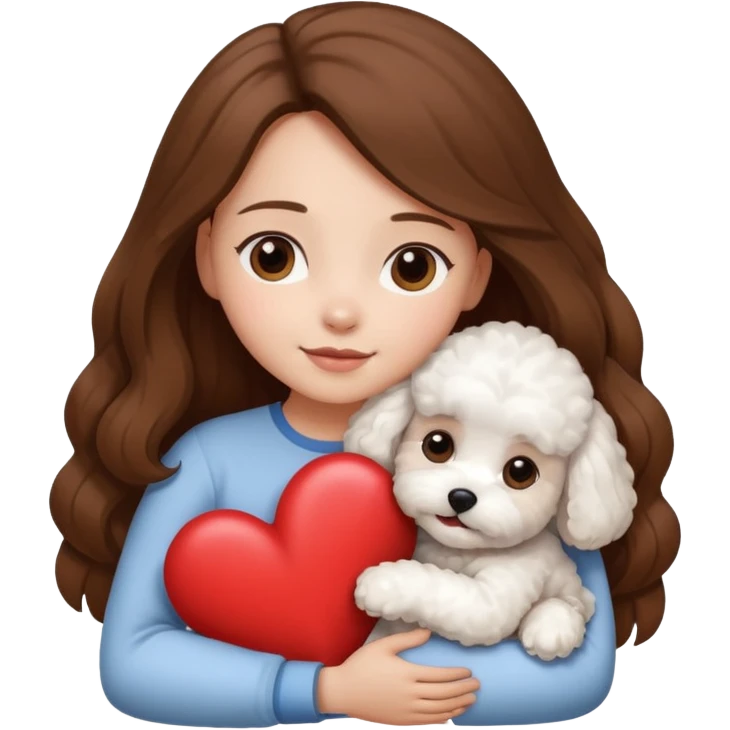 White bichon doh in hug with girl with long brown hair and heart between them emoji