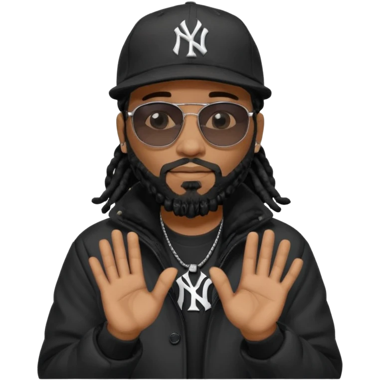 African American man with shoulder length black dreadlocks with black beard wearing black sunglasses wearing a black New York Yankees logo baseball cap wearing a black bubble winter coat with hands together emoji