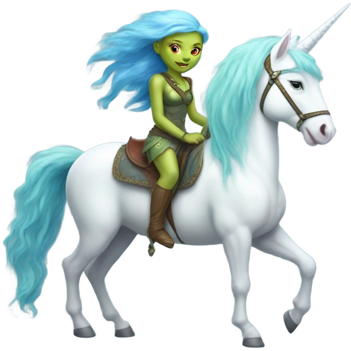 [{a light green Amazon alien woman with red hair with blue eyes} on a [{four-legged white unicorn:[{light blue mane}]] emoji