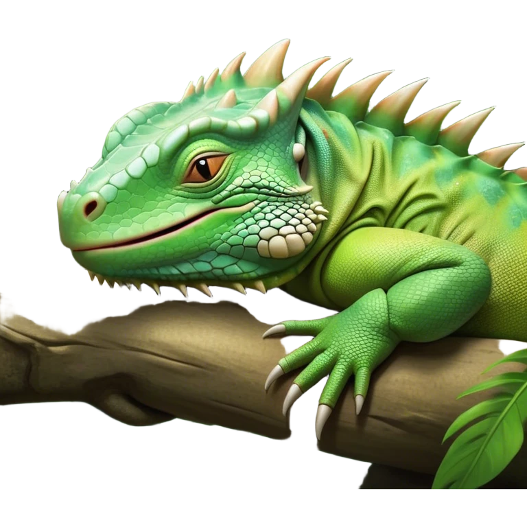 Meme-Worthy Cute Sleeping Iguana Portrait Emoji, Head resting peacefully with a contented smile, showcasing a solid, textured body with a subdued spiky crest and eyes gently closed in serene slumber, Simplified yet adorably endearing features, highly detailed, glowing with a soft, drowsy jungle light, high shine, relaxed and utterly lovable, stylized with an air of playful laziness, soft glowing outline, capturing the essence of a sleeping iguana that feels destined to become the next viral icon of adorable rest! emoji