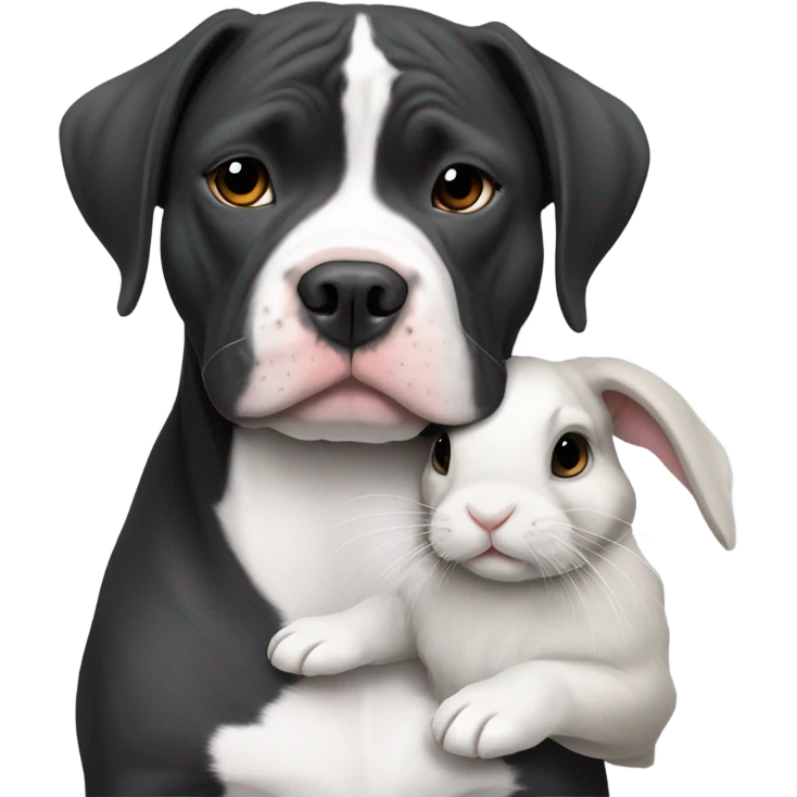 black and white pitbull hugging a grey holland lop  emoji