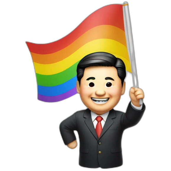 Xi jinping smiling and waving a rainbow flag emoji