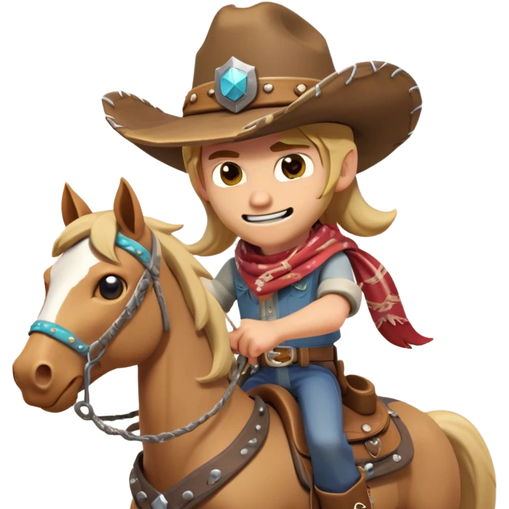 clash-of-clans-aesthetic_-cinematic-playful-cowboy-portrait-emoji, head-tilted with a roguish, cheeky grin and twinkling eyes, featuring a wide-brimmed cowboy hat and a weathered bandana on tan skin, riding a powerful galloping horse with dynamic flowing mane, reins gripped firmly in one hand and a lasso in the other, as dust swirls behind them in a vast desert landscape. emoji