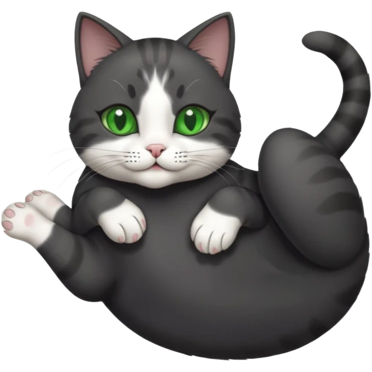 beautiful female solid dark grey cat with green eyes, white toes/paws and white patch on her chest playfully rolling upside down emoji