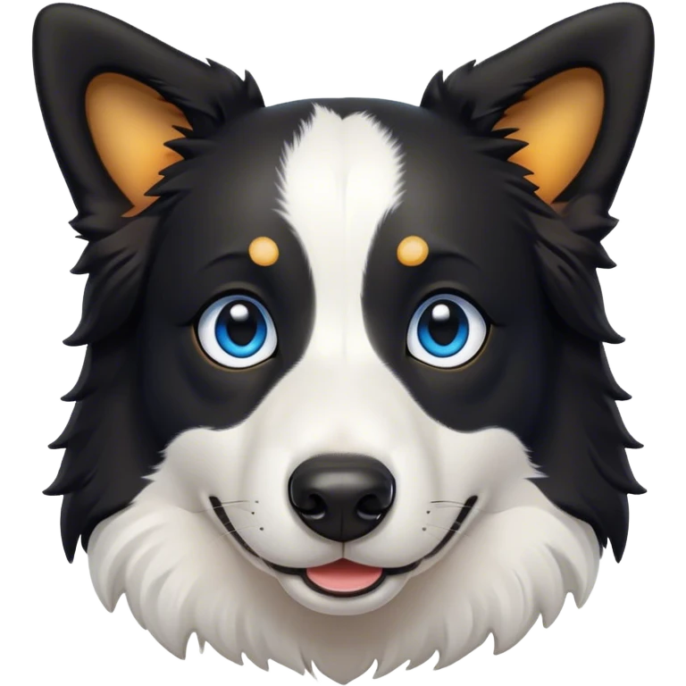 Cinematic Cute Border Collie Portrait Emoji, Head tilted playfully and inquisitively, with a sleek black and white coat and bright, sparkling blue eyes filled with curiosity, Simplified yet irresistibly adorable features, highly detailed, glowing with a warm, friendly glow, high shine, energetic and affectionate, stylized with a touch of whimsy, bright and endearing, soft glowing outline, capturing the essence of a mischievous yet loving pup, so playful it feels like it could bound out of the screen and into your arms! emoji