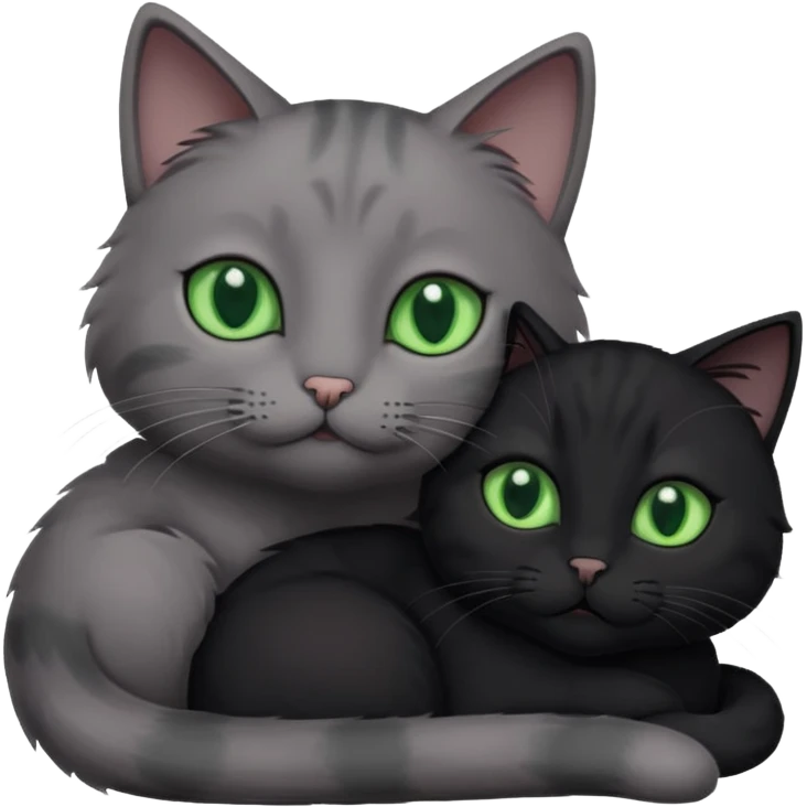 1 grey cat with green eyes and 1 black with green eyes cat cuddling emoji