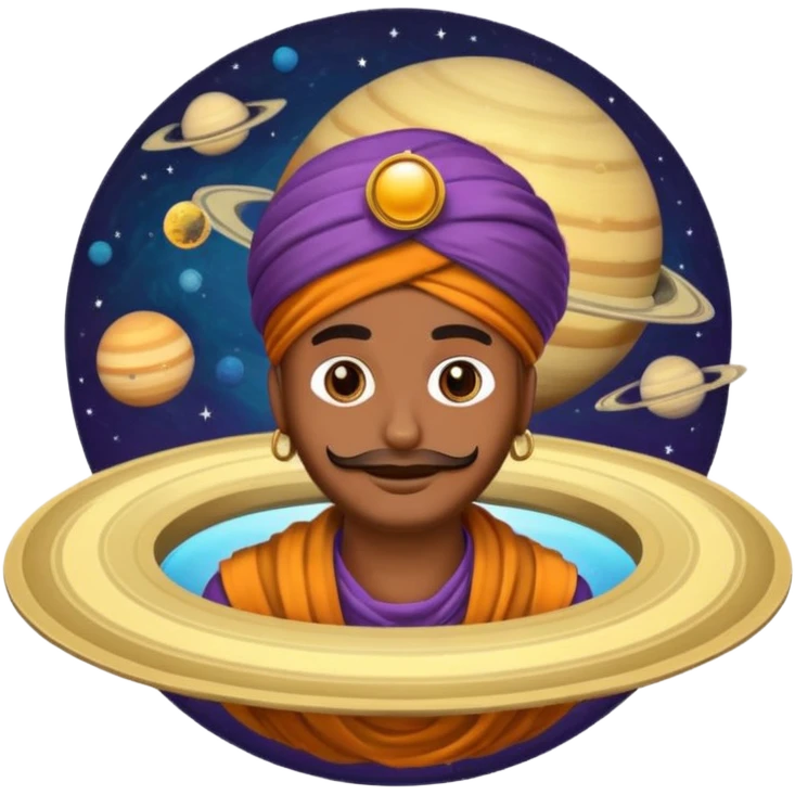 A bold emoji-style illustration with Saturn 🪐 as the dominant element, clearly showing its bright rings. Inside the planet, a stylized man wearing a colorful turban 👳🏾‍♂️, depicted as a mystical or adventurous character, sitting or floating within Saturn, integrated with the planet’s texture. . emoji
