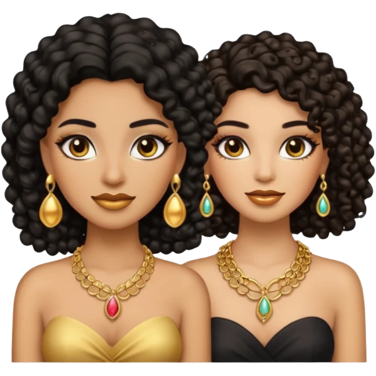 An emoji with two women, one woman with caramel skin color, black curly hair long. The other one is fair skin with brown straight hair and they're wearing jewelry and makeup. emoji