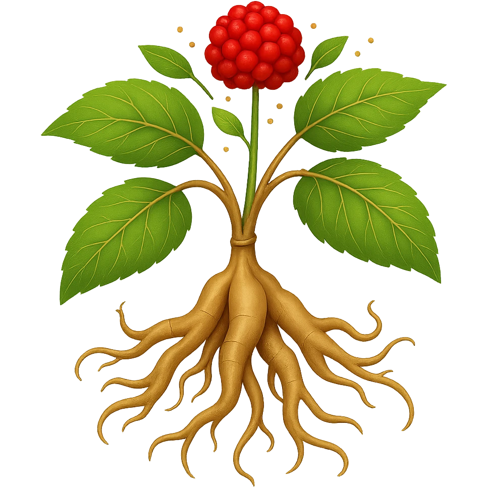 Add one fruit, a sprinkle, and two leaves to the simple wild ginseng root. Keep the background transparent. Maintain the style of the original image. emoji