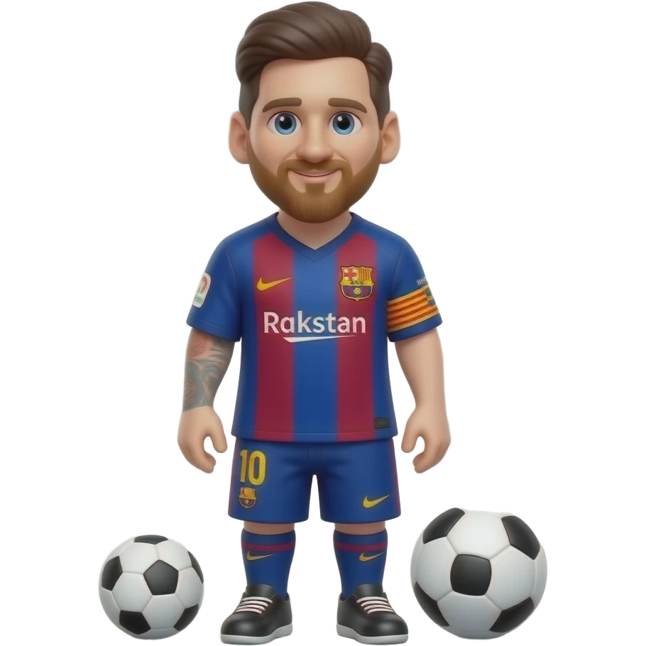 Messi emoji, Barcelona jersey, two full soccer balls visible, cute 3D cartoon, Apple emoji style, soft gradient background emoji