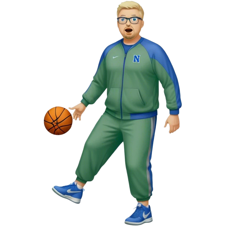 Full Body white male plus size wearing glasses with a goatee with light blonde and gray very short hair yelling basketball head Coach in blue and green Nike dry sweat suit emoji