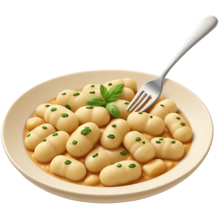 Gnocchi Cinematic Realistic Gnocchi Dish Emoji, depicted as tender oblong potato gnocchi garnished with iconic fork marks on top, rendered with soft textures and warm, inviting lighting. emoji
