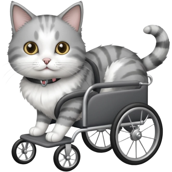 grey and white cat in a pet wheelchair emoji