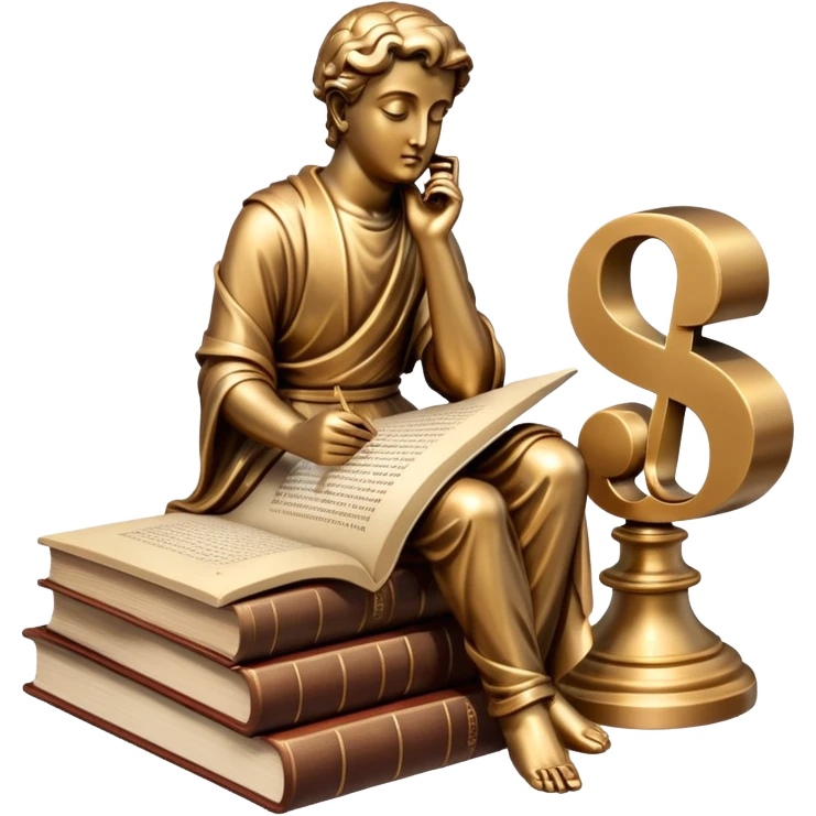 An icon featuring a thinker statue, a scroll, and a question mark, symbolizing philosophy. The design includes books, and abstract symbols representing deep thought and wisdom. Transparent background highlights the study of ideas, logic, and existential questions emoji