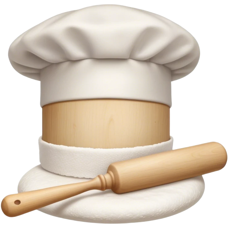 Cinematic Realistic Chef Hat & Rolling Pin, crisp white cotton hat with soft folds, resting beside a classic wooden rolling pin with smooth, polished curves, a light dusting of flour adding authenticity, warm kitchen lighting casting gentle shadows, glowing with a cozy and inviting charm. emoji