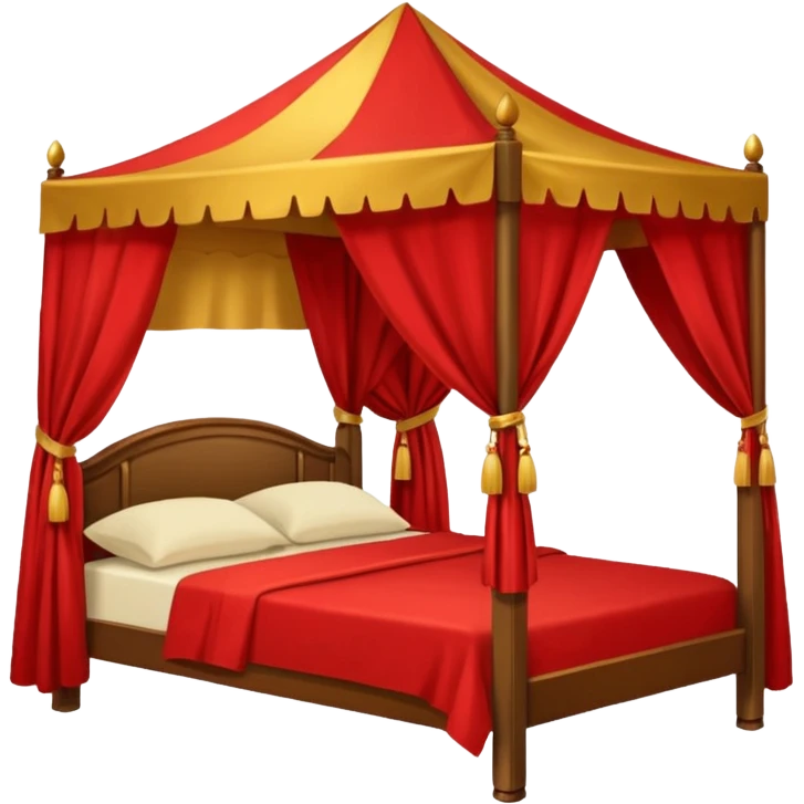 bed with red and gold sheets, wooden, canopy, simple emoji