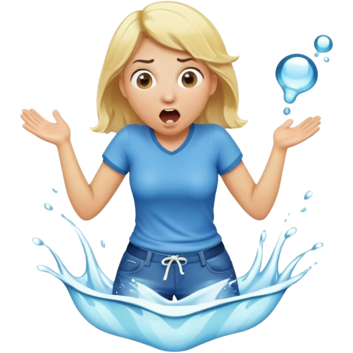 round-faced blond woman kneeling, surprised, cartoonish wide stick with a D-shaped knob coming out of pants hanging in front of her face, water stream squirting from the knob into her open mouth emoji
