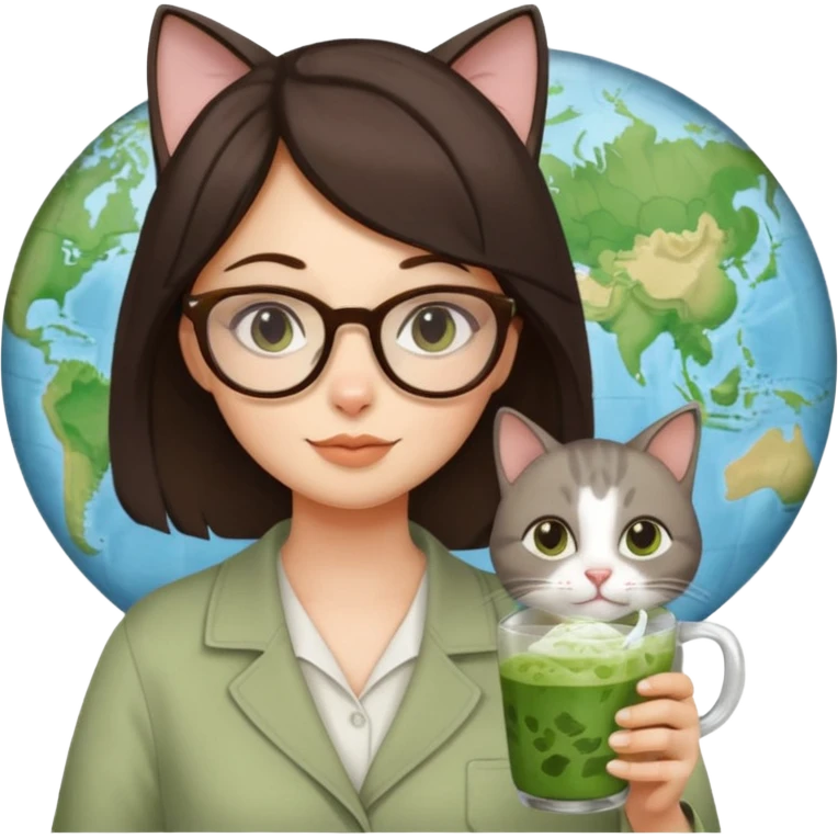 a brunette woman in here 30S drinking an iced matcha, carrying a grey cat and a map of the world emoji