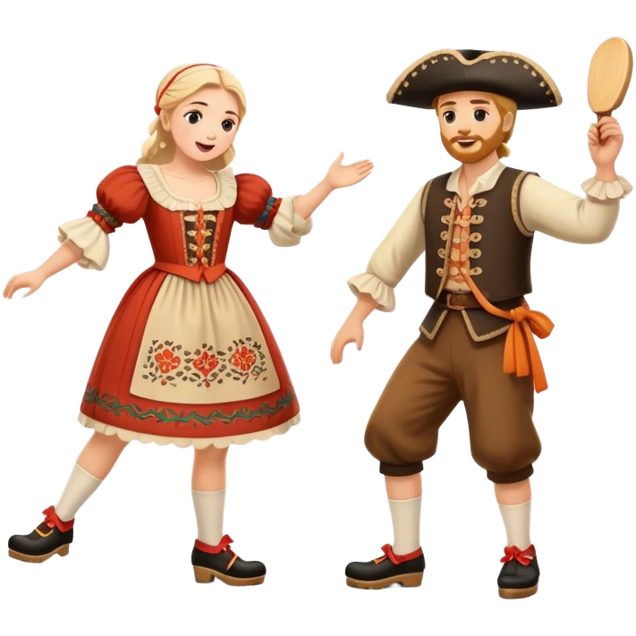 Cinematic Realistic scene of two performers executing the Klompendans, dressed in traditional Dutch costumes complete with wooden clogs and detailed folk patterns, captured in lively motion with soft, natural lighting emoji