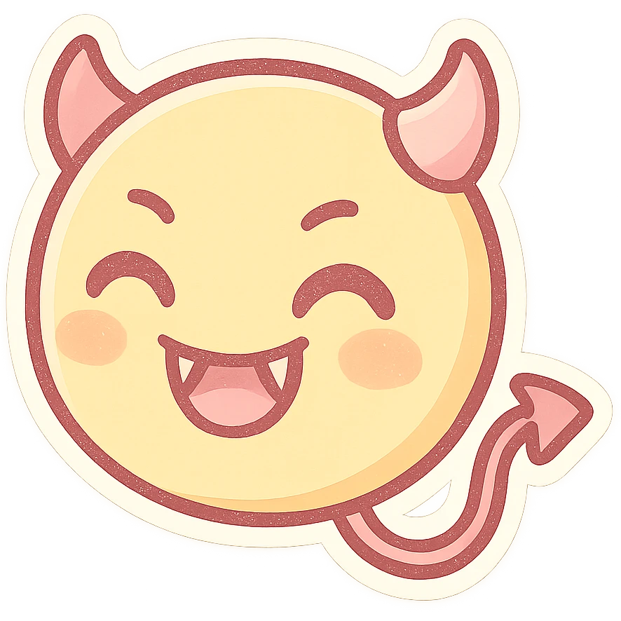 devil emoji, pastel yellow and pink, round face, small fangs, playful, pastel palette emoji
