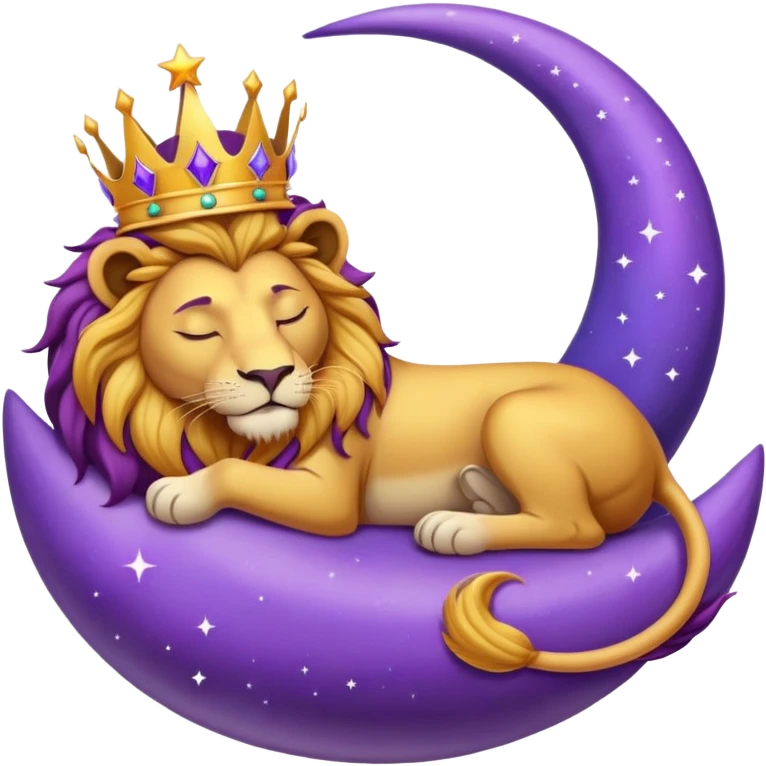 Lion with a crown sleeping on a purple crescent moon  emoji