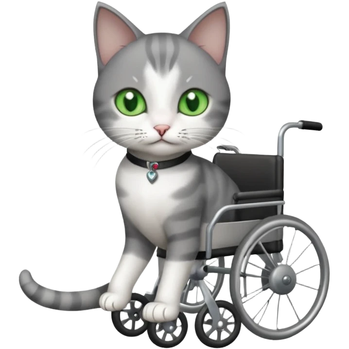 full body small short hair dark grey and white cat with green eyes walking in a wheelchair for cats emoji