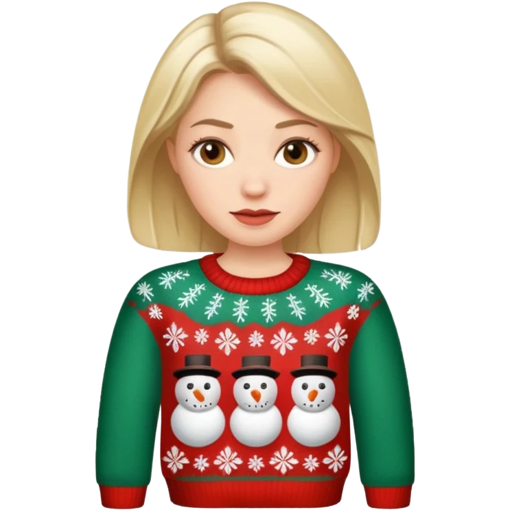 White woman wears an ugly christmas sweater emoji