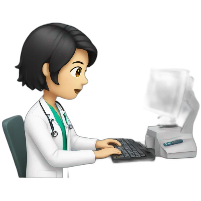 doctor typing on computer, with black short hair emoji
