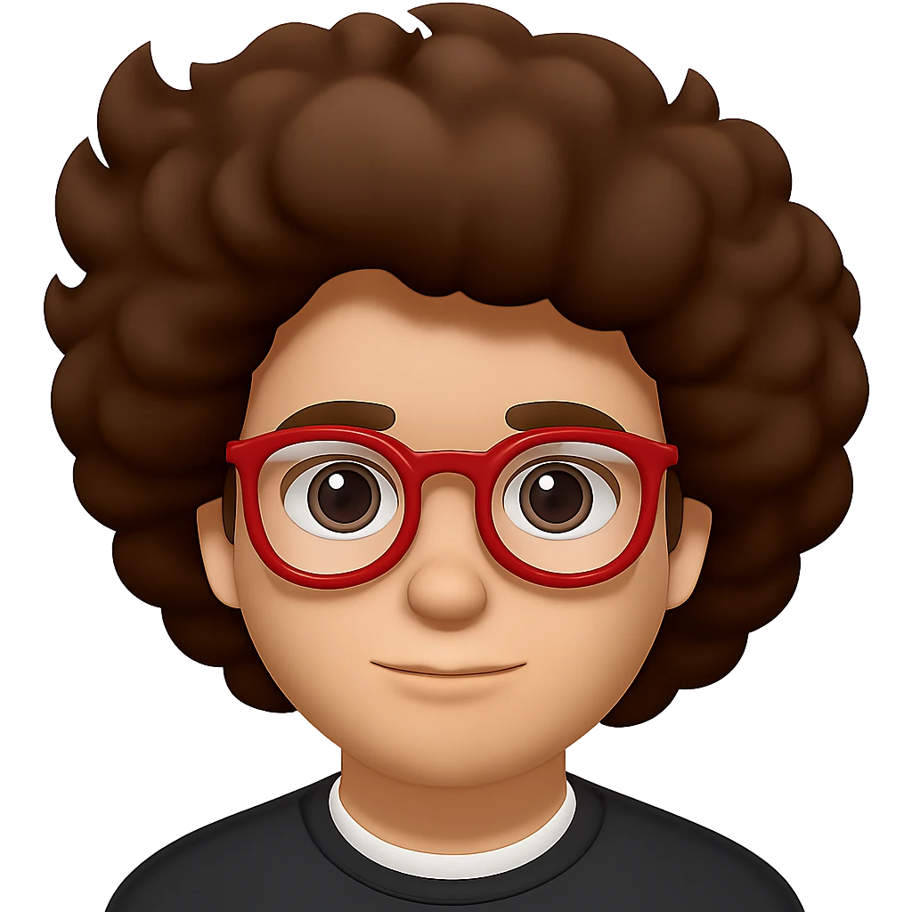 Make the hair much bigger on the face of a man with a lot of brown hair and red glasses, keep the style the same. Remove the background to isolate the subject. emoji