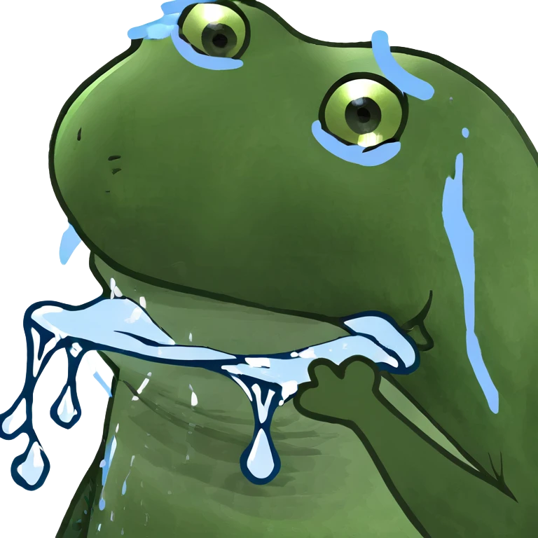 Green frog with blue tint, freezing, teeth chattering, with icicles emoji