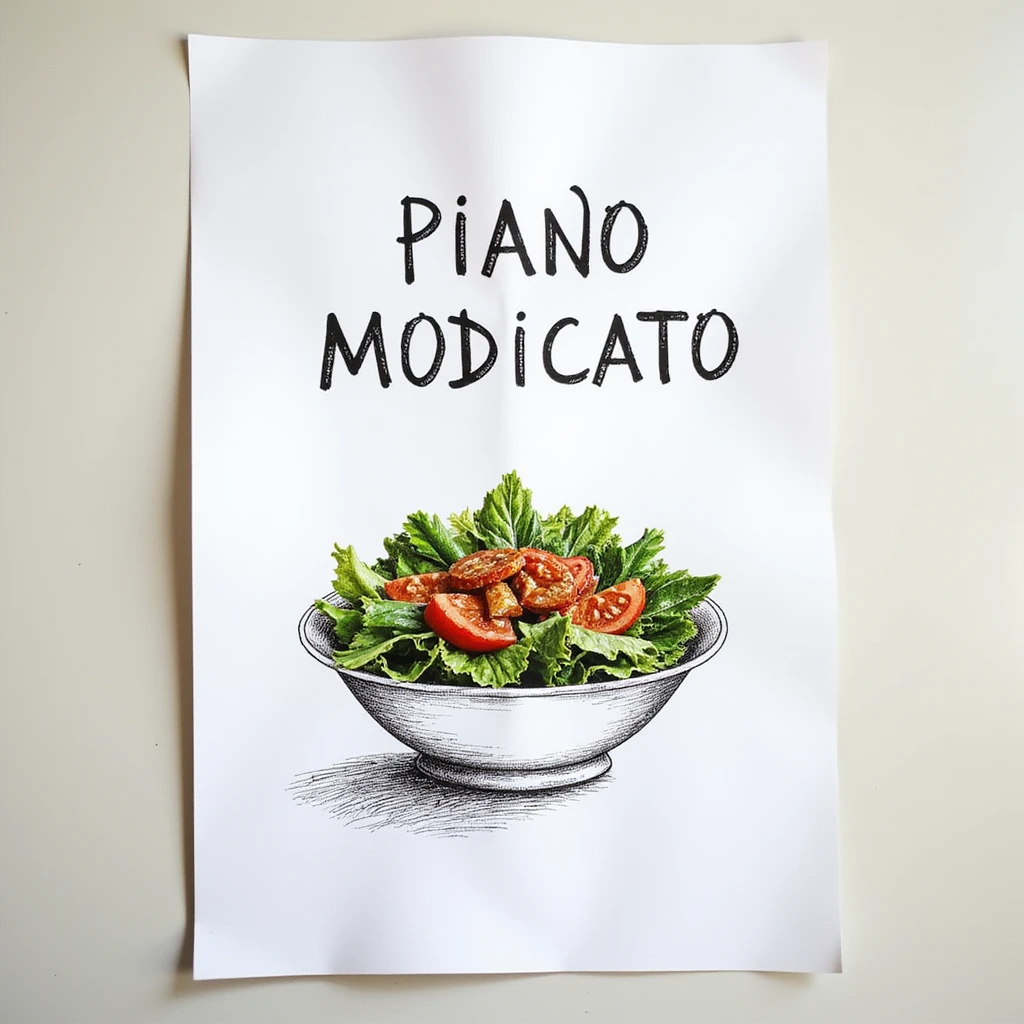 white sheet of paper with the text 'PIANO MODIFICATO' and a bowl of salad drawn, hyperrealism 4K, no background emoji