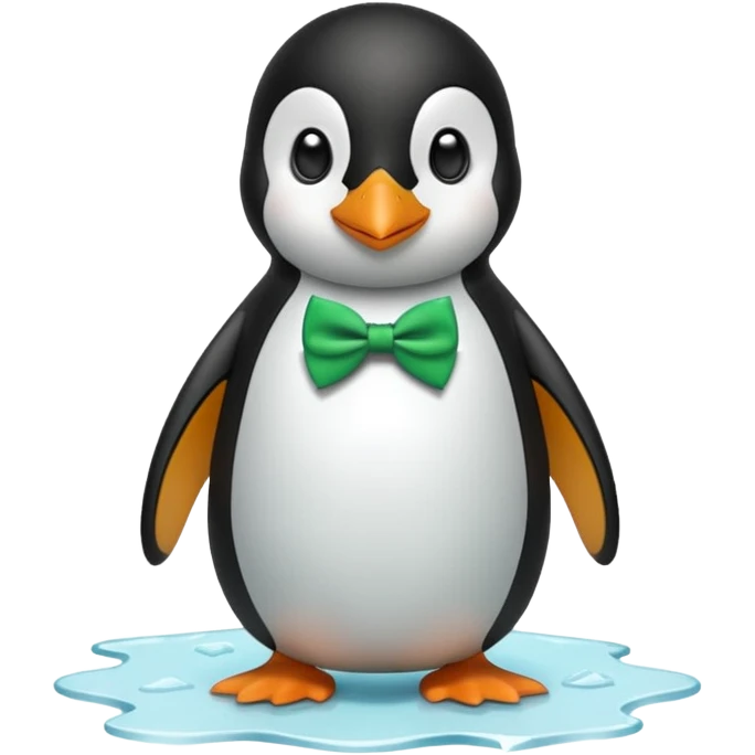penguin, green bow tie, standing on small ice melting emoji