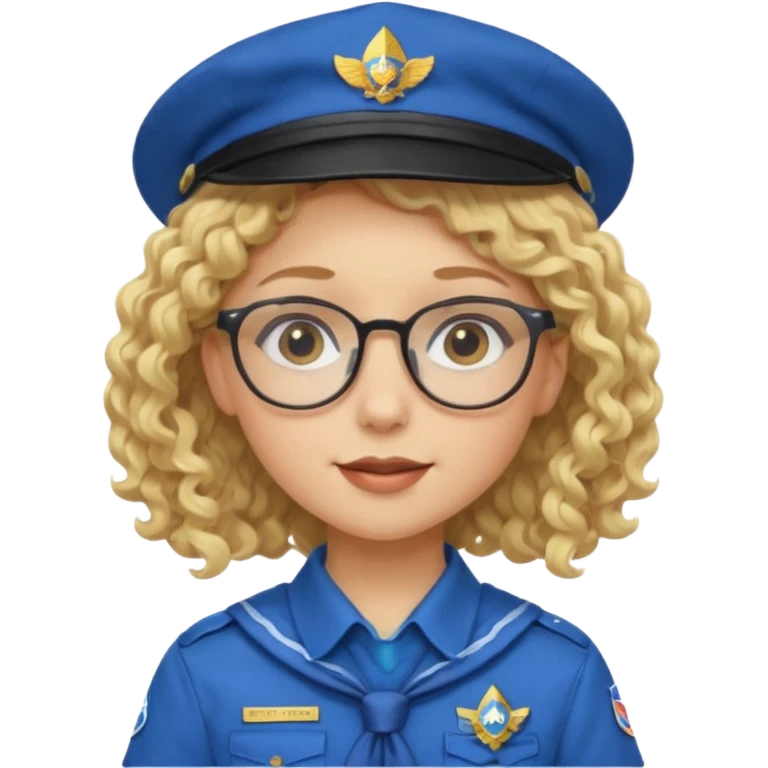 scout girl with blue scout uniform including hat, blonde curly haired and glassess emoji