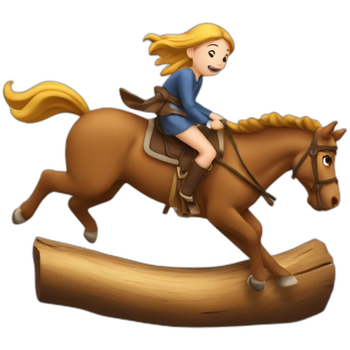 Fille sautant avec un cheval en bois emoji