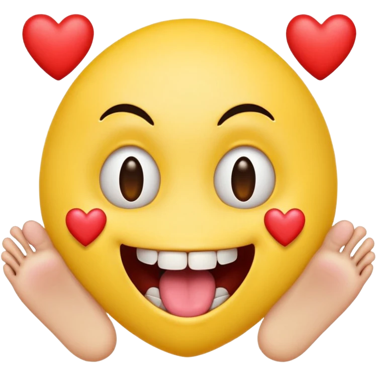 yellow emoji face holding a heart and hes so happy with so happy with teeth and tongue and toes growing out of the top of its head. his eyes have been plucked out and are now eyeless sockets. no eyes. emo hair emoji