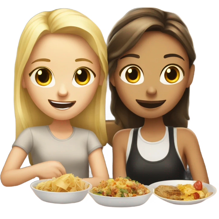 Blonde hair freckly face girl and brunette girl sat in restaurant eating food emoji