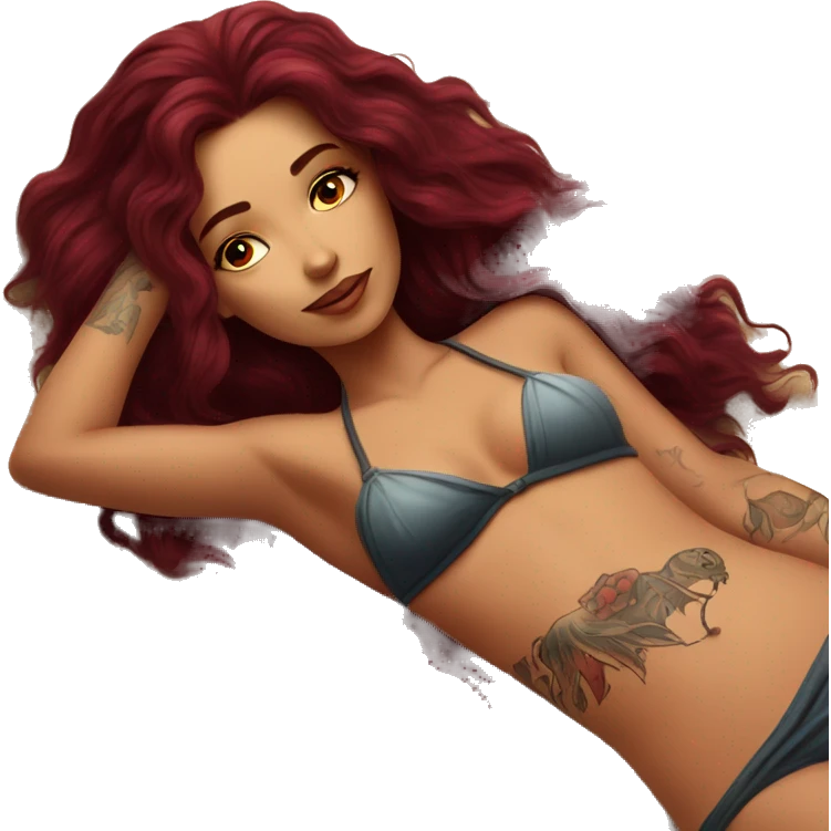 Beautiful tattooed burgundy long haired woman laying on the beach emoji