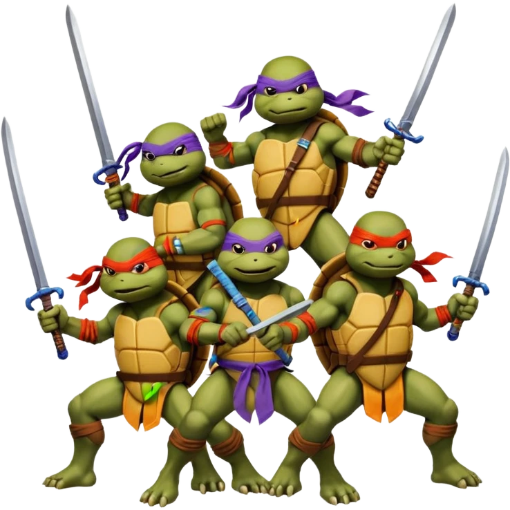 Vector emoji sticker of 4 Ninja Turtles: Leo (blue/swords), Raph (red/sais), Donnie (purple/staff), and Mikey (orange/nunchucks). Action poses, NYC rooftop, pizza box, bold comic style, white border. ONLY 4! emoji