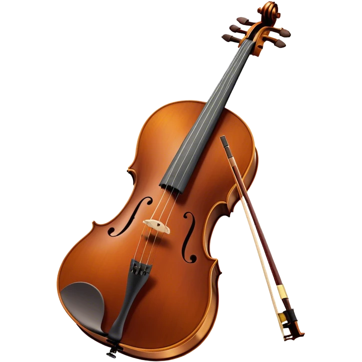 Create an elegant and refined emoji representing the Cremona cello with a Hans Klein HKCB bow. The design should feature the curved wooden body of the cello with a rich, glossy finish, capturing its classical shape and intricate details. The bow should be displayed with fine craftsmanship, highlighting the hair and the smooth, polished wooden stick. Include subtle musical notes floating around the instrument to emphasize its rich, melodic sound. Use deep wood tones like chestnut brown, gold accents for the fittings, and soft lighting effects to give the instrument a timeless, professional feel. The background should be transparent. emoji