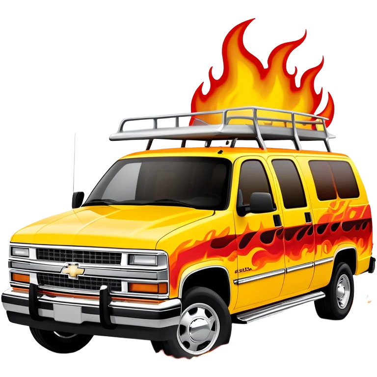 Yellow 1997 Chevrolet C-2500 Crew Cab with dramatic airbrushed red flame artwork flowing from front to sides, detailed flame design exactly like Kill Bill's Pussy Wagon, 30-degree view, iOS emoji style emoji