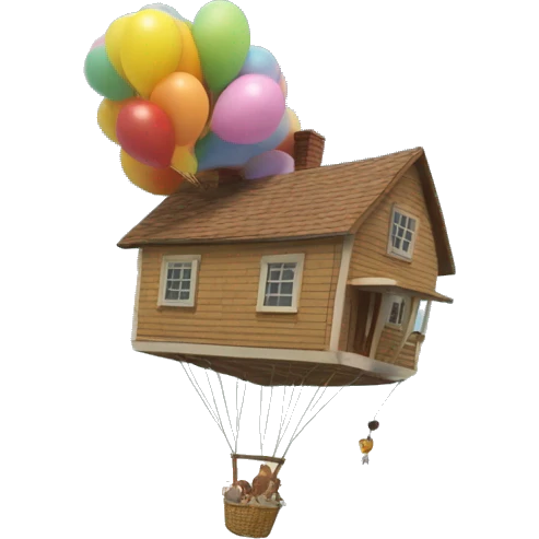 Lots of tiny Balloon Angel Clips pick up the one last floating house on the surface of the sea to join a whole cluster of houses floating on the clouds in the sky emoji